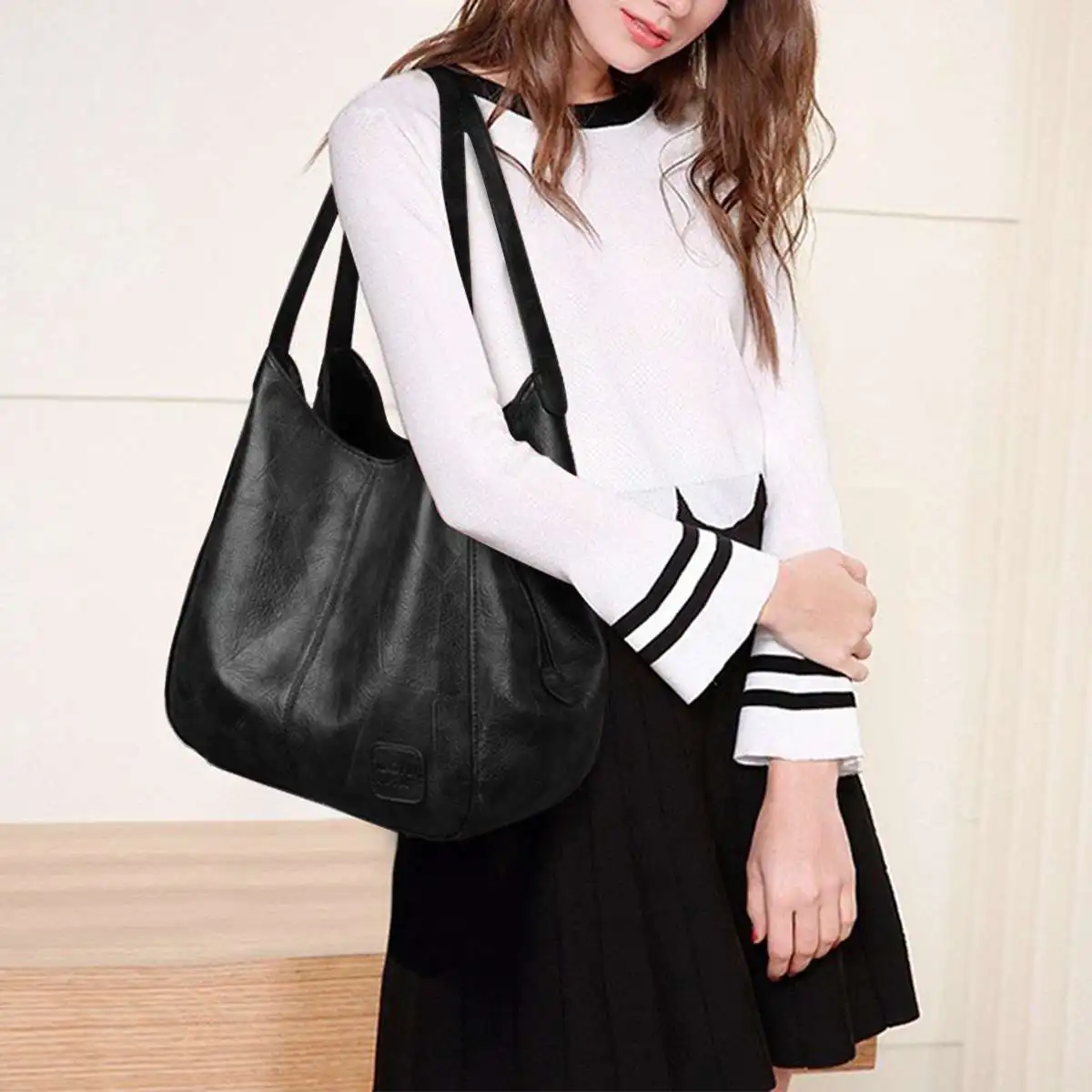 

Women Black Designer Leather Shoulder Bag PU Leather Large Capacity Ladies Handbag Hobo Tote Lady Luxury Handbags Messenger
