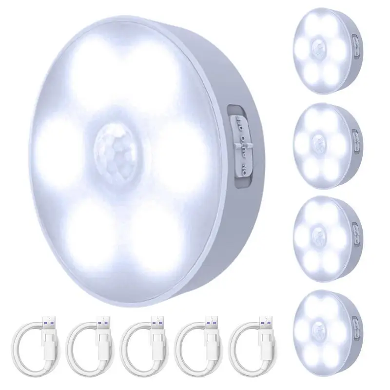 

5 Pcs Round Motion Sensor Night Light Led Wall Lamps Rechargeable Auto/On/Off Under Cabinet Light Wireless Closet Night Lamp