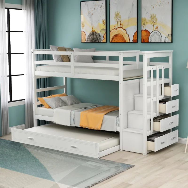 

Id Wood Bunk Bed\ Hardwood Twin Over Twin Bunk Bed with Trundle and Staircase\ Natural White Finish(OLD SKU