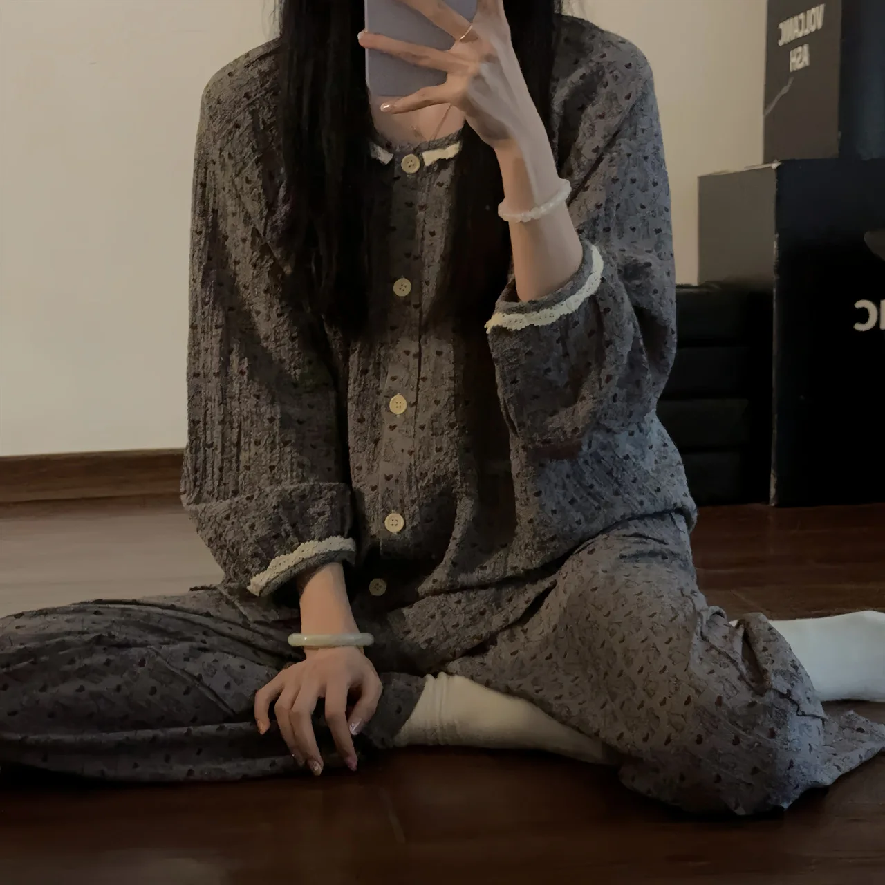 Осенняя серая женская пижама Seersucker с длинным рукавом новинка 2024 милая домашняя