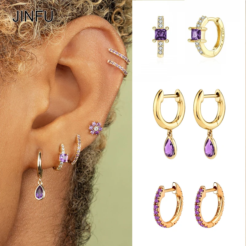 

JINFU Copper Gold Plated Drop Hoop Earrings For Women Piercing Purple CZ Zircon Women's Dangle Earrings 2022 Jewelry Wholesale
