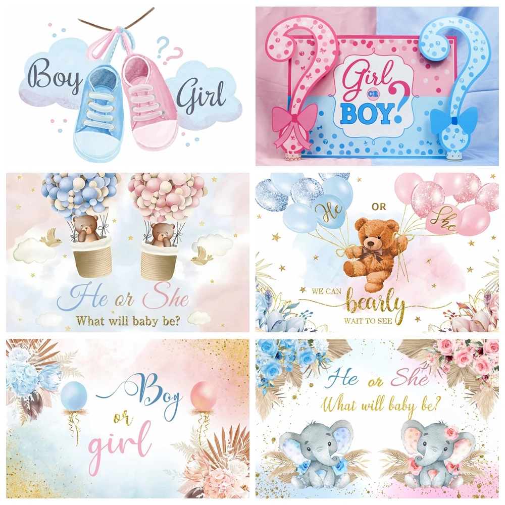 

Newborn Gender Reveal Backdrop Boy Or Girl Baby Shower Photography Backdrop Blue Or Pink Elephant Bear Balloon Photo Background