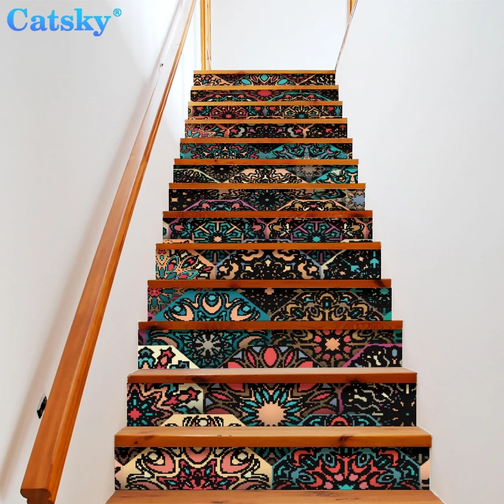 

Ethnic Style Printstyle,Mandala,6pcs 13pcs/Set Stair Floor Stickers Waterproof Removable Self Adhesive Diy Stairway Decals