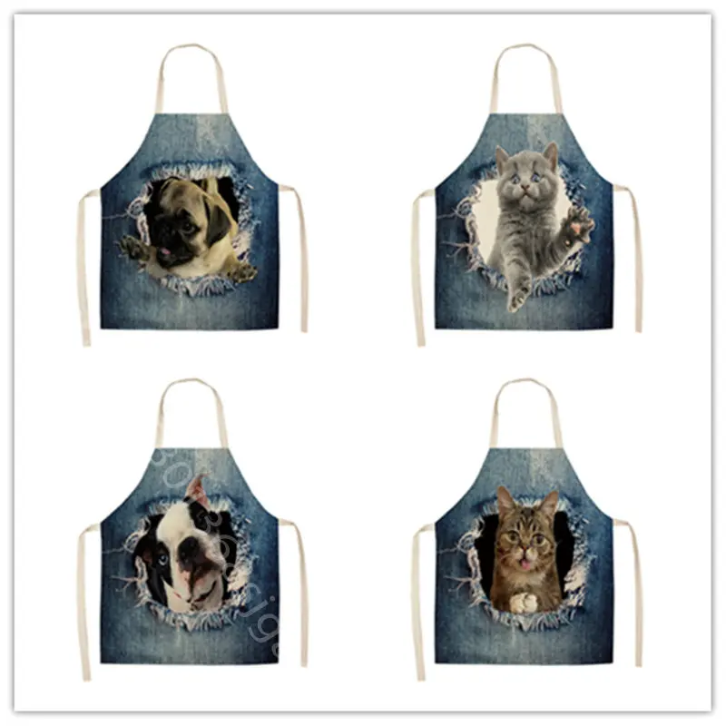 

Cat Dog Printed Apron Kitchen Cooking Pinafore Linen Unisex Dinner Bibs Funny Home Cleaning Tools Children Baking Waist Aprons