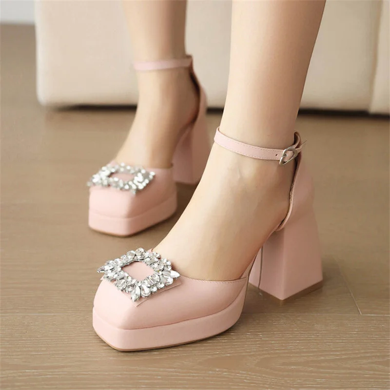 

New High-heeled Baotou Sandals Rhinestone One-line Button Mary Jane Shoes