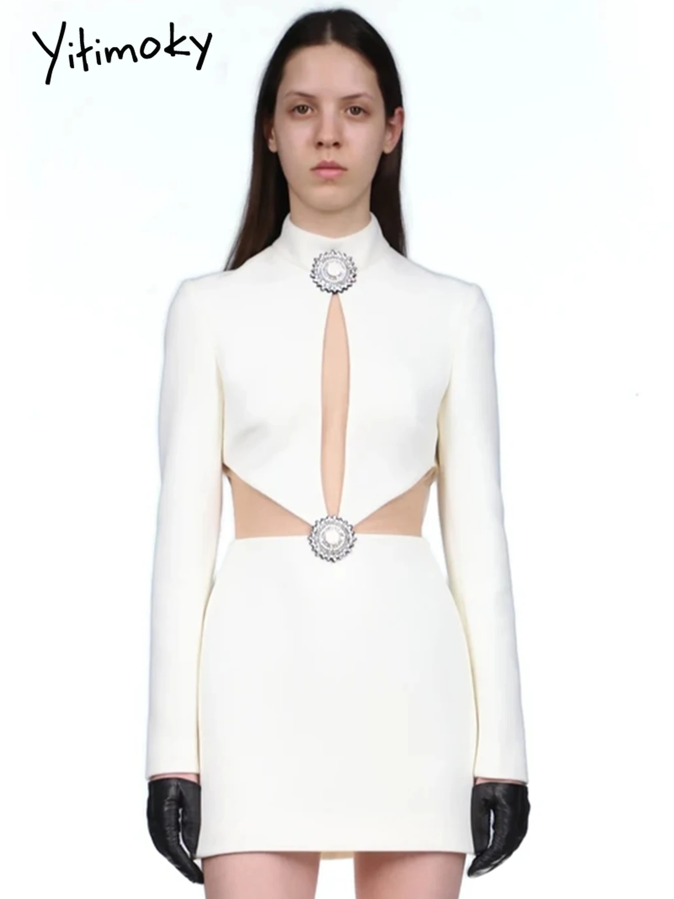 

Yitimoky Elegant Women's Long Sleeve Bandage Dress 2022 Sexy Hollow Out White Mini Evening Party Outwear Bodycon Outfits Dress