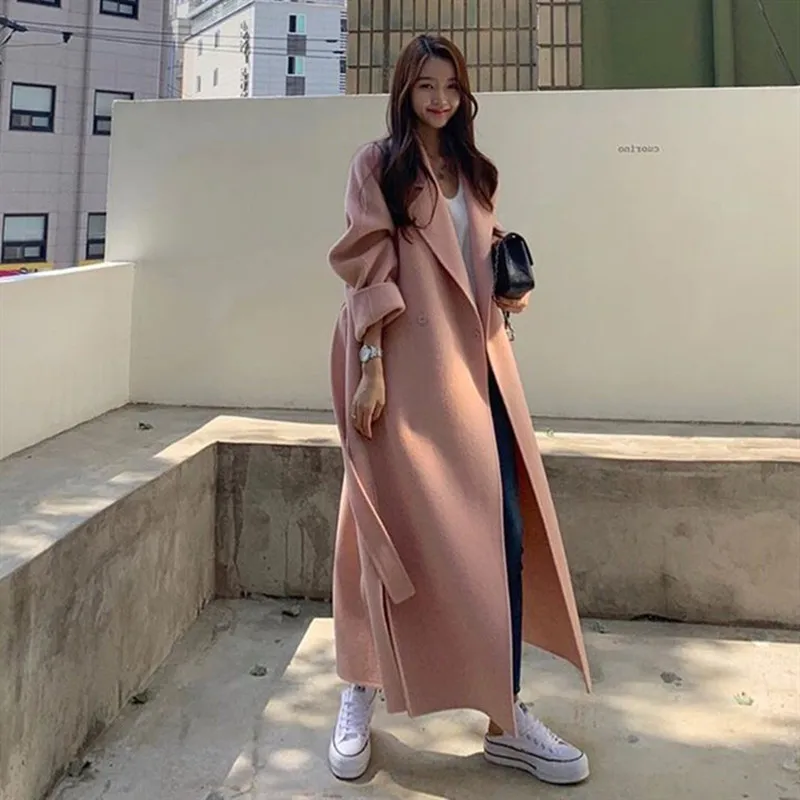 

Pink Cashmere Coat Women's 2022 New Long Fall/Winter Loose Belt Wool Coat