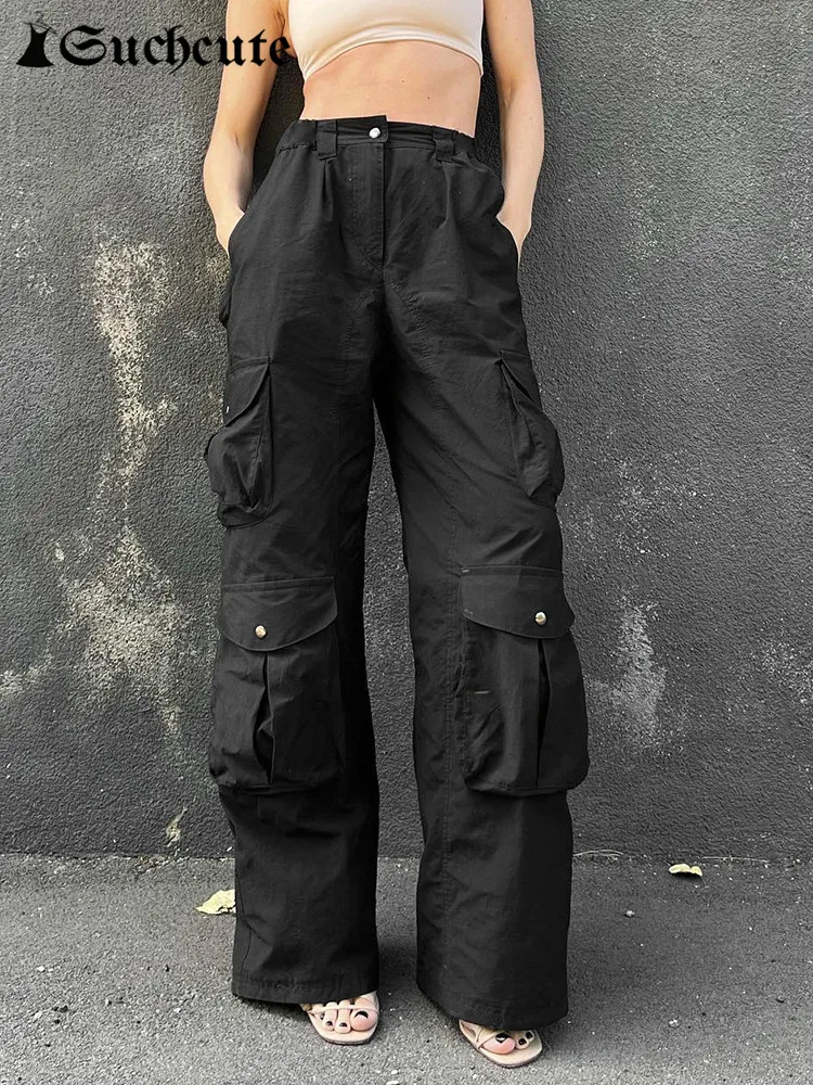 

SUCHCUTE Streetwear Solid Multi Pocket Patchwork Cargo Pants Women Gothic Low Rise Baggy Denim Pant Dark Academic Wide Leg Jeans