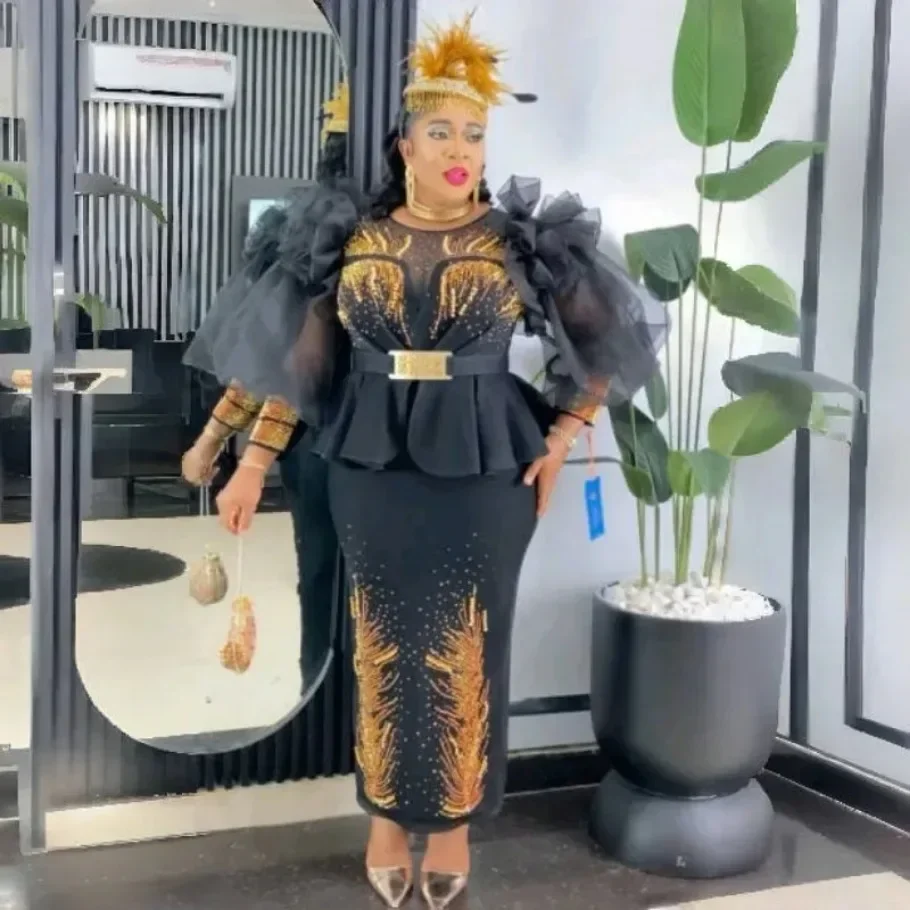 Plus Size African Party Evening Dresses for Women Elegant Autumn Long Sleeve Diamond Wedding Christmas Dress Outfits