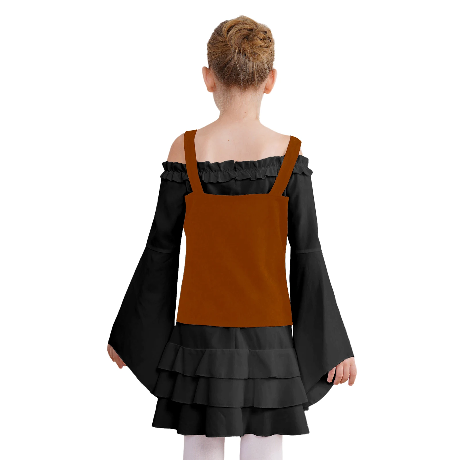 2Pcs Girls Victorian Pirate Costume Halloween Renaissance Gothic Cosplay Tiered Ruffle Dress Lace-up Suede Vest