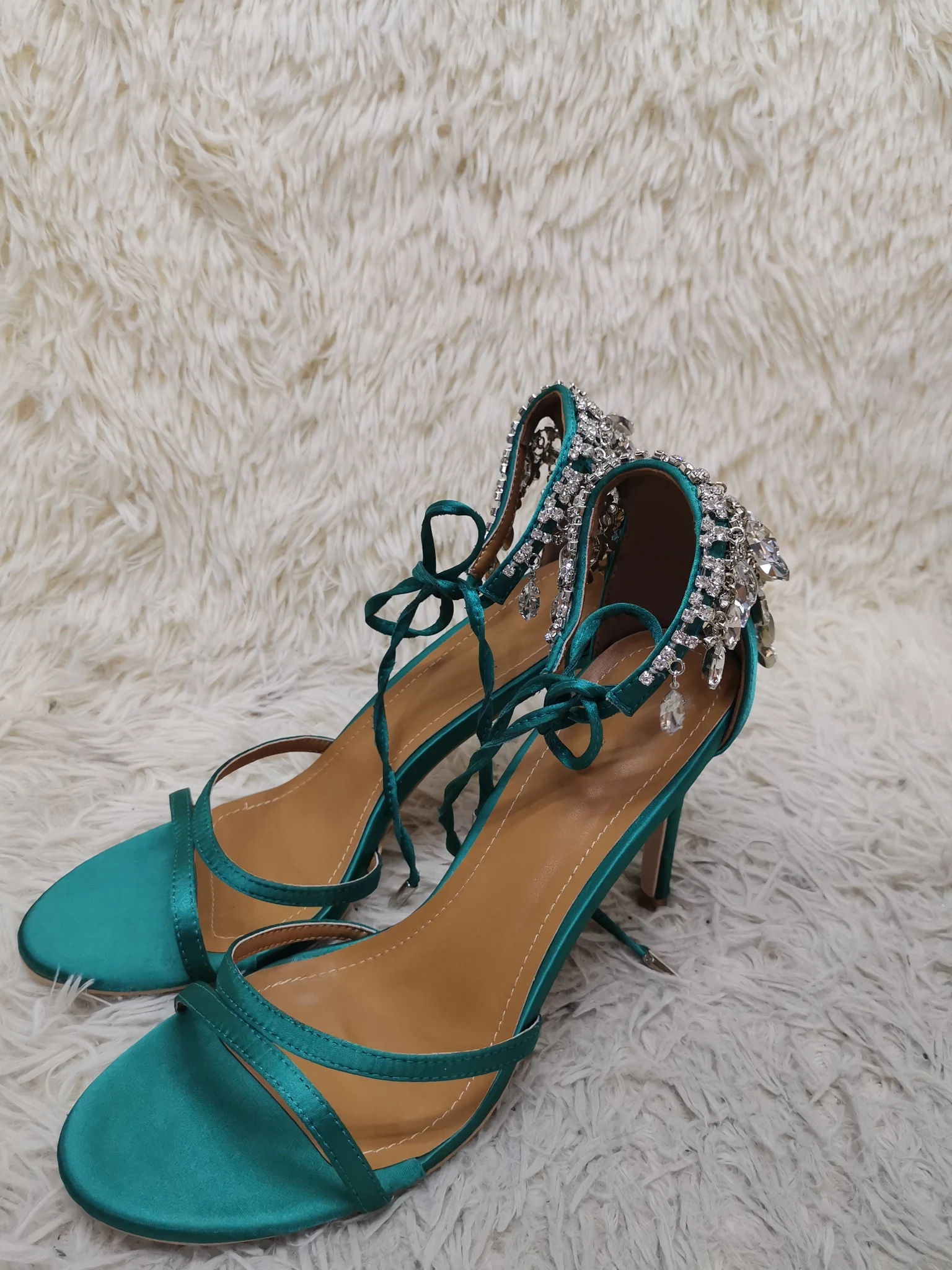 Green Gold Stiletto Women Sandals Bling Diamond Tassel High Heels Peep Toe Glittering Crystal Fringed Party Wedding Shoes Summer