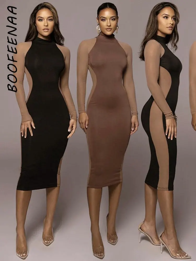 

BOOFEENAA Sexy Mesh See Through Long Sleeve Bodycon Dress Fall Winter Clubbing Outfits Elegant Midi Dresses for Women C85-CZ22