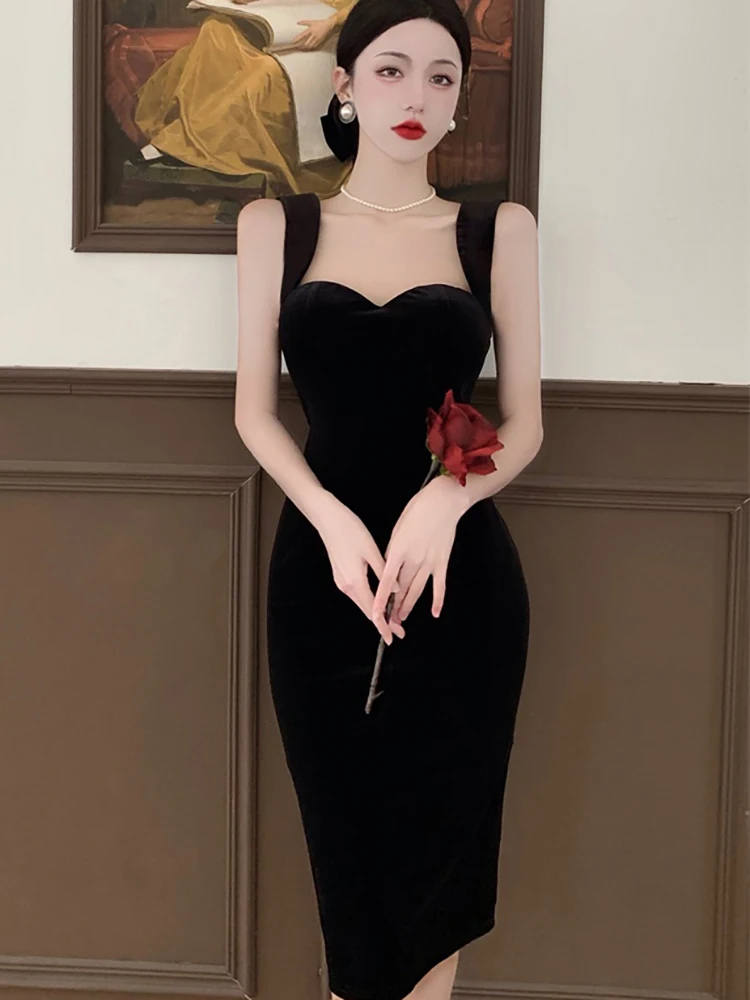 

French Summer Elegant Sexy Square Collar Velvet Spaghetti Strap Pencil Dress Woman Party Korean Style New Evening Dresses 2023