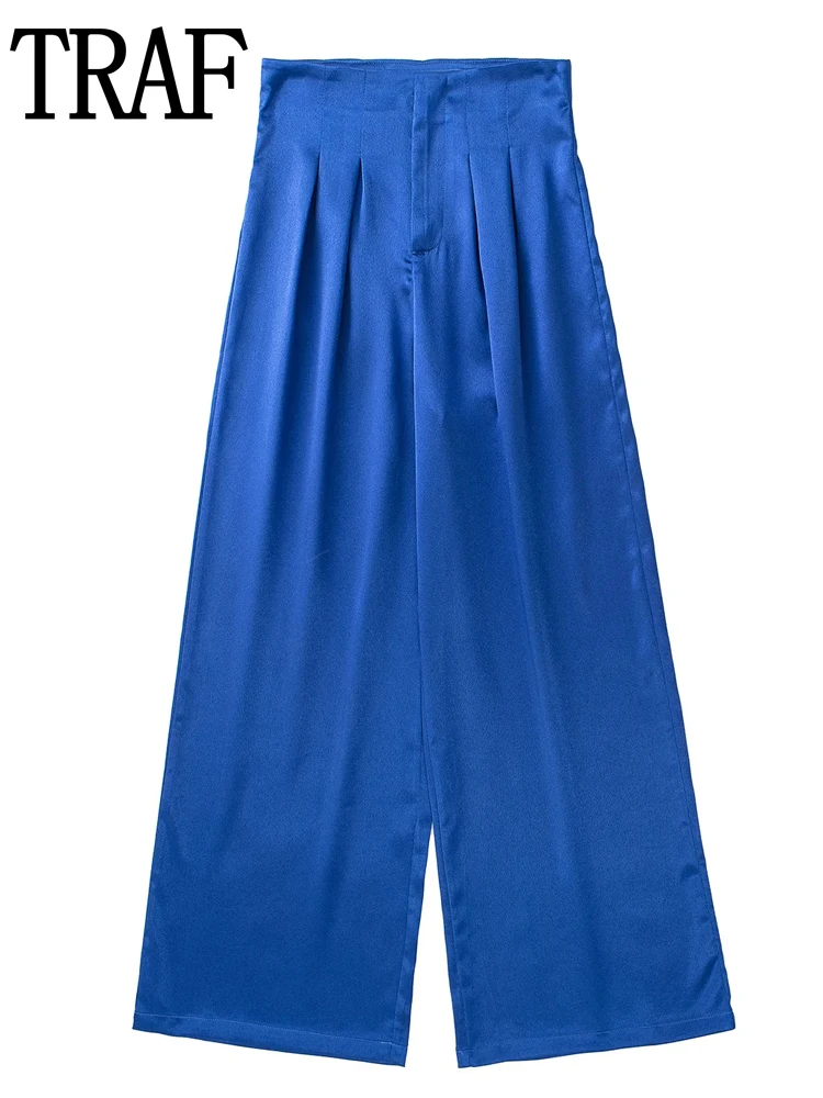 

TRAF 2022 Women Pants High Waist Wide Pants Sets Casual Blue Satin Pants Pleated Baggy Wide Leg Trouser Suit Summer Streetwear