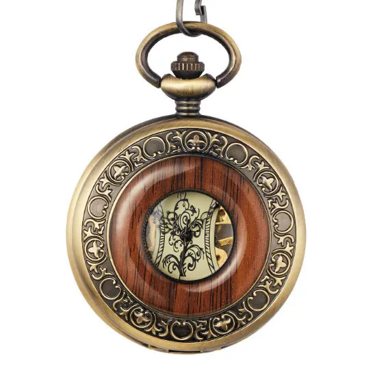 Luxury Wooden Ring Skeleton Pocket Watch Reloj Mujer Retro Roman Digital Manual Mechanical Pocket Watch Leisure Business Watch