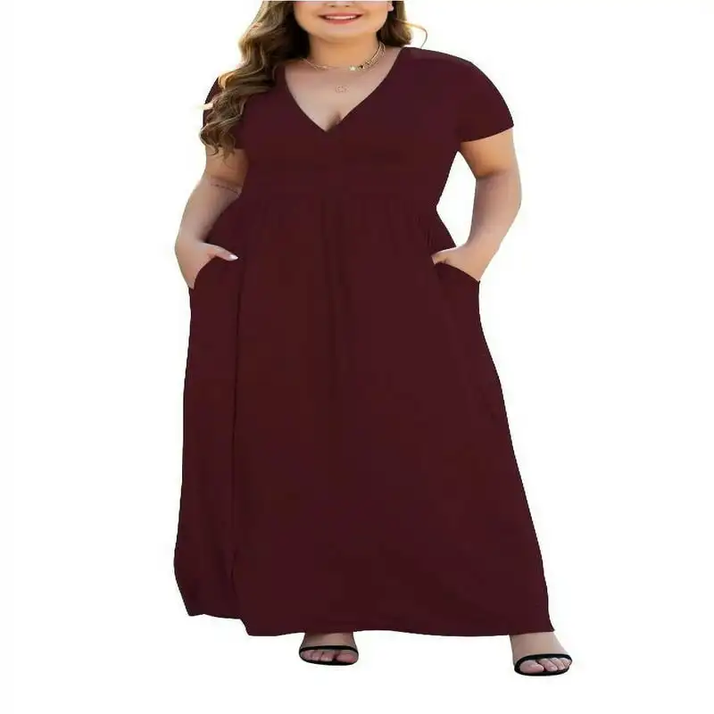 

Plus Size Women`s Summer Casual Long Maxi Dress Short Sleeve V Neck Dresses With Pockets XL-Wine Red
