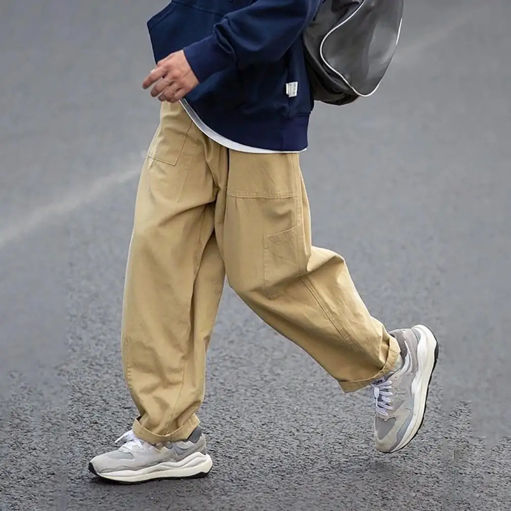 

Men Pants Casual Loose Straight All-match Wear-resistant Wide Leg Solid Color Men Cargo Pants Neutral Trousers for Daily Wear