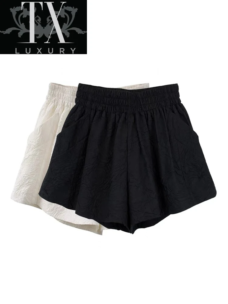 

Shorts Woman Korean Fashion Basic High Elastic Waist Short Casual Baggy Folds All-Match Wide Leg Pants Female Summer New