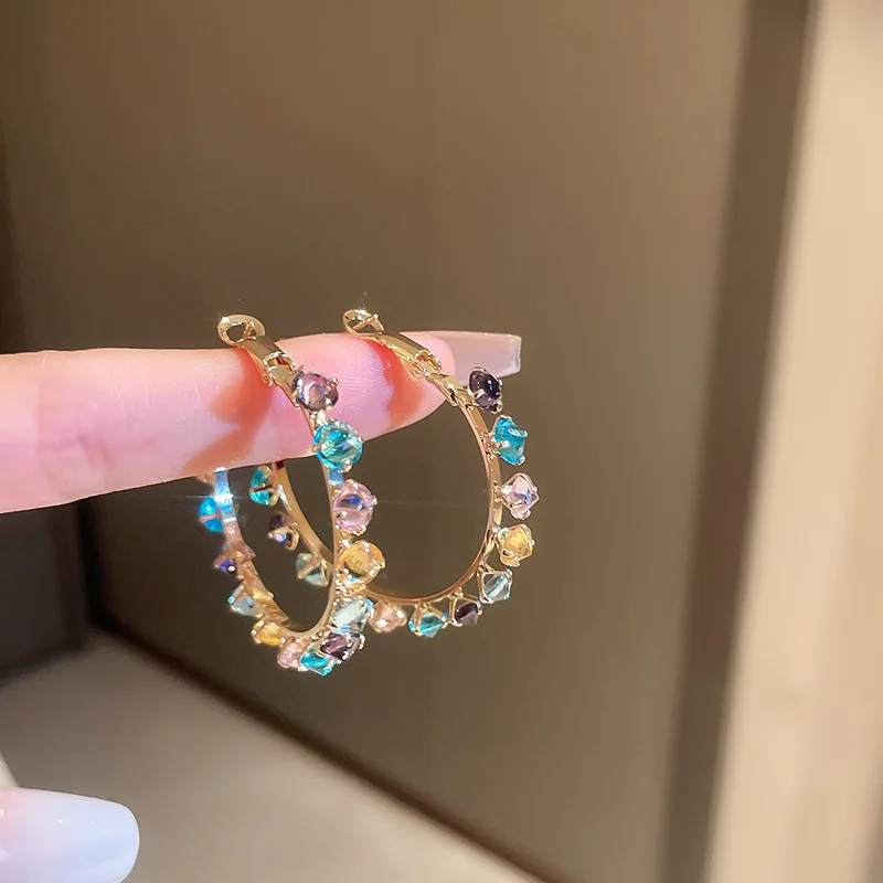

2022 new arrival summer colorful zircon circle new niche unique high-end earrings sweet and exaggerated earrings for girls.