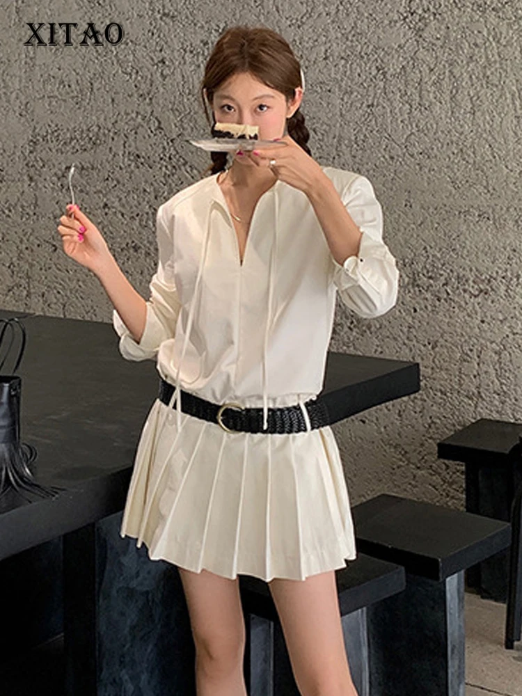 

XITAO Mini Pleated Dress Women Solid Casual Fashion Korea Personality Loose V-neck Long Sleeved Dress New Arrival HQQ1274