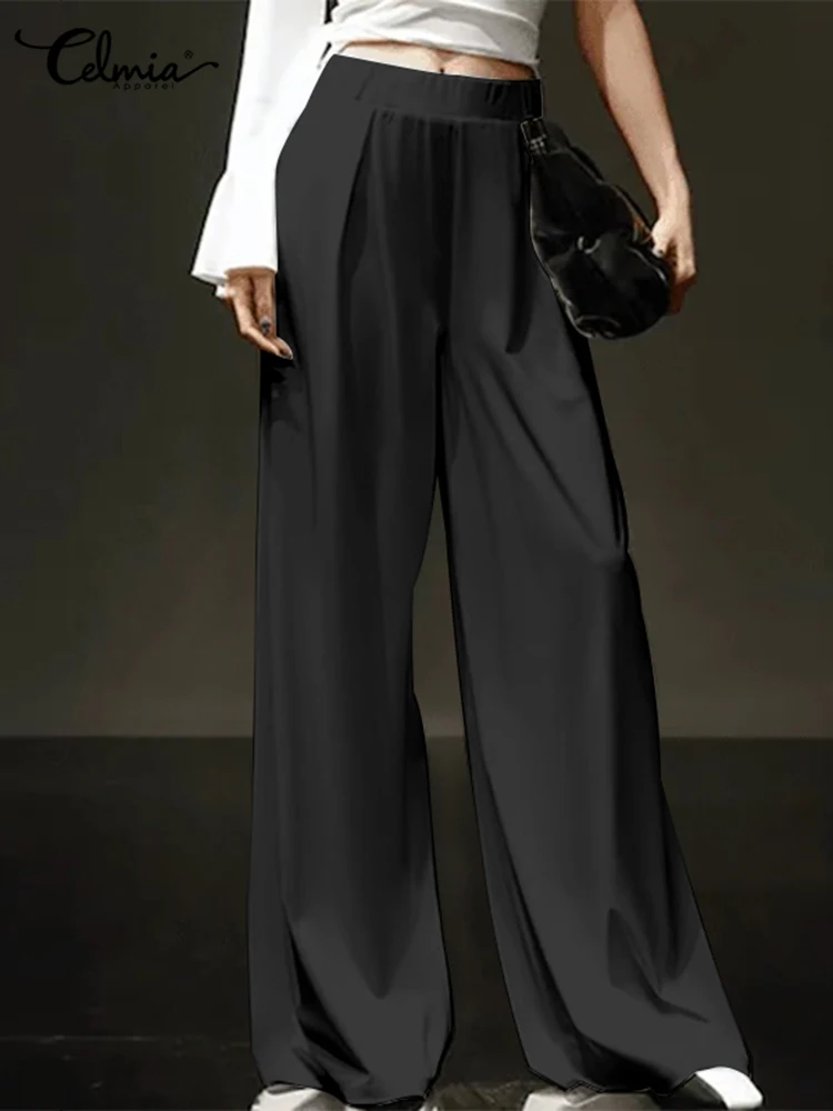 

Celmia Women Fashion Satin Pantalones Elegant Elastic Waist Wide Leg Pants All-match Glossy Silky Trousers Runway Ropa De Mujer