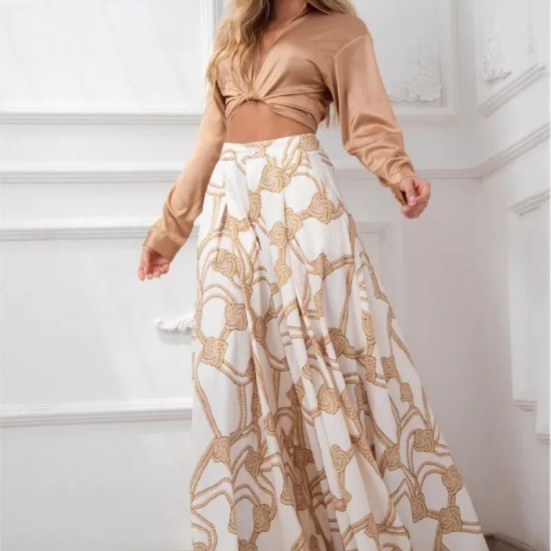 

Женские повседневные Костюмы с принтом, новинка 2022, весенне-осенняя Женская пикантная рубашка с лацканами и шнуровкой, брюки с высокой талией и широкими штанинами, комплект из двух предметов