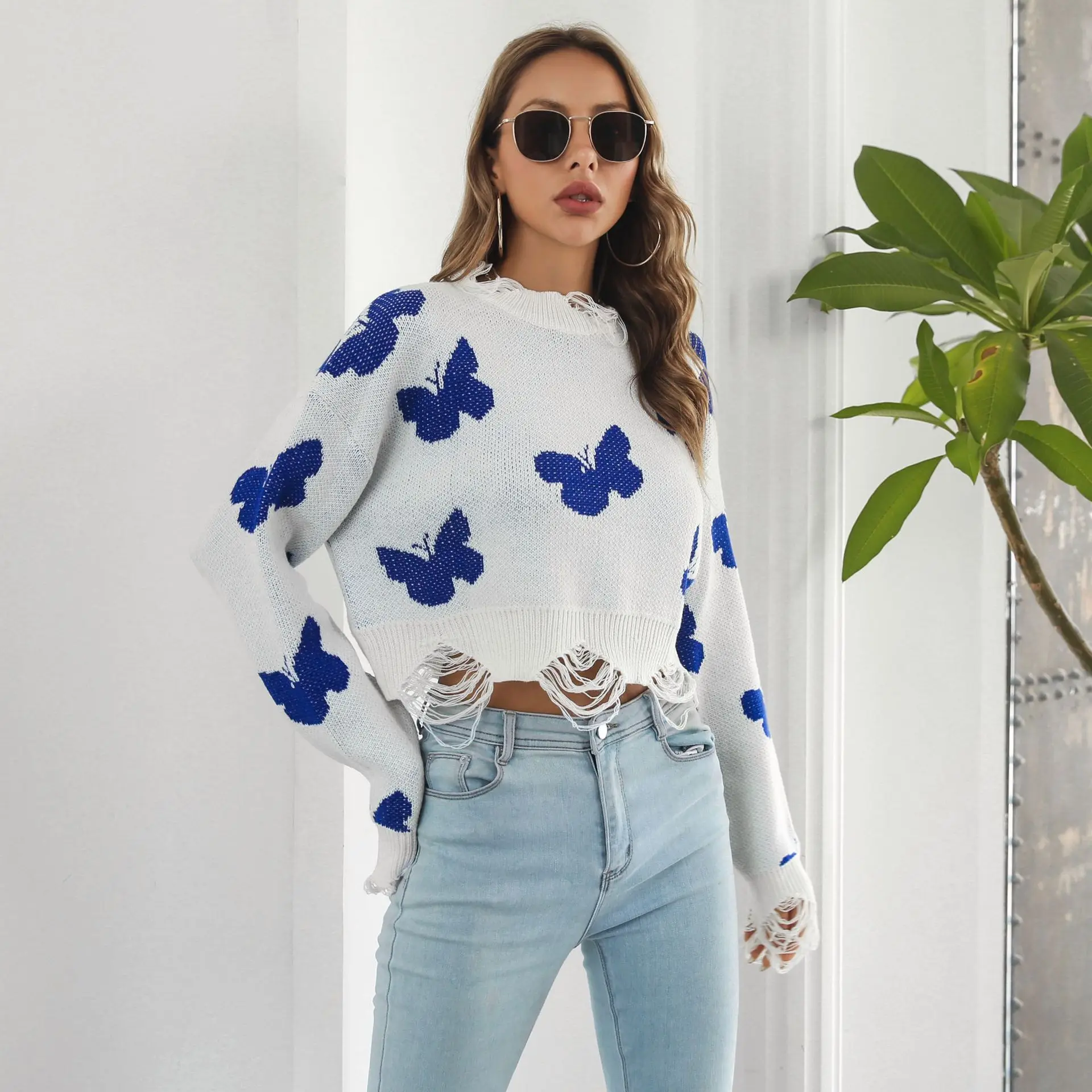 

Sigutan 2023 Spring Summer New Fashion Broken Butterfly Jacquard Women Sweater Long Sleeve Female Knitted Pullover