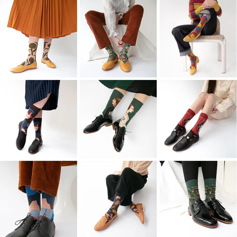 4 PairFloral socks for men and women with high personality,pure cotton socks,oil paintings,fun couples,trendy socks