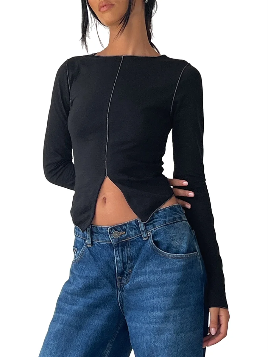 

FOMOYUU Women s Seamless Ribbed V Neck Long Sleeve Crop Top - Slim Fit Basic Knit Shirt for Workout Exercise and Yoga Blouses