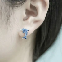 new simple cute silver plated dolphin stud earrings for women shine blue cz stone full paved fashion jewelry party gift earring