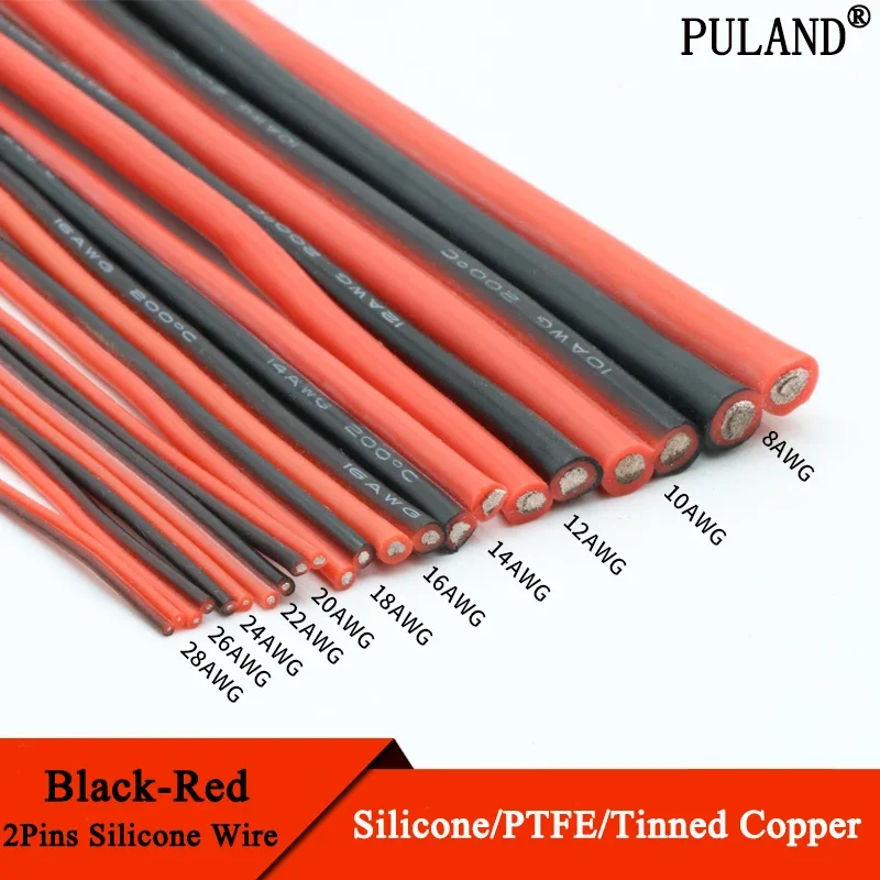

PULAND Медный провод силиконовый 8-26 AWG 2 контакта черный/красный