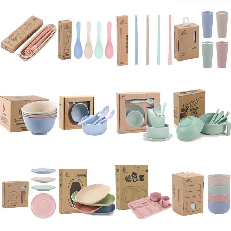 

6pcs Kitchen Cutlery Set Microwave Wheat Straw Dinnerware Food Storage Container Children Kids School Office Portable Cutlery