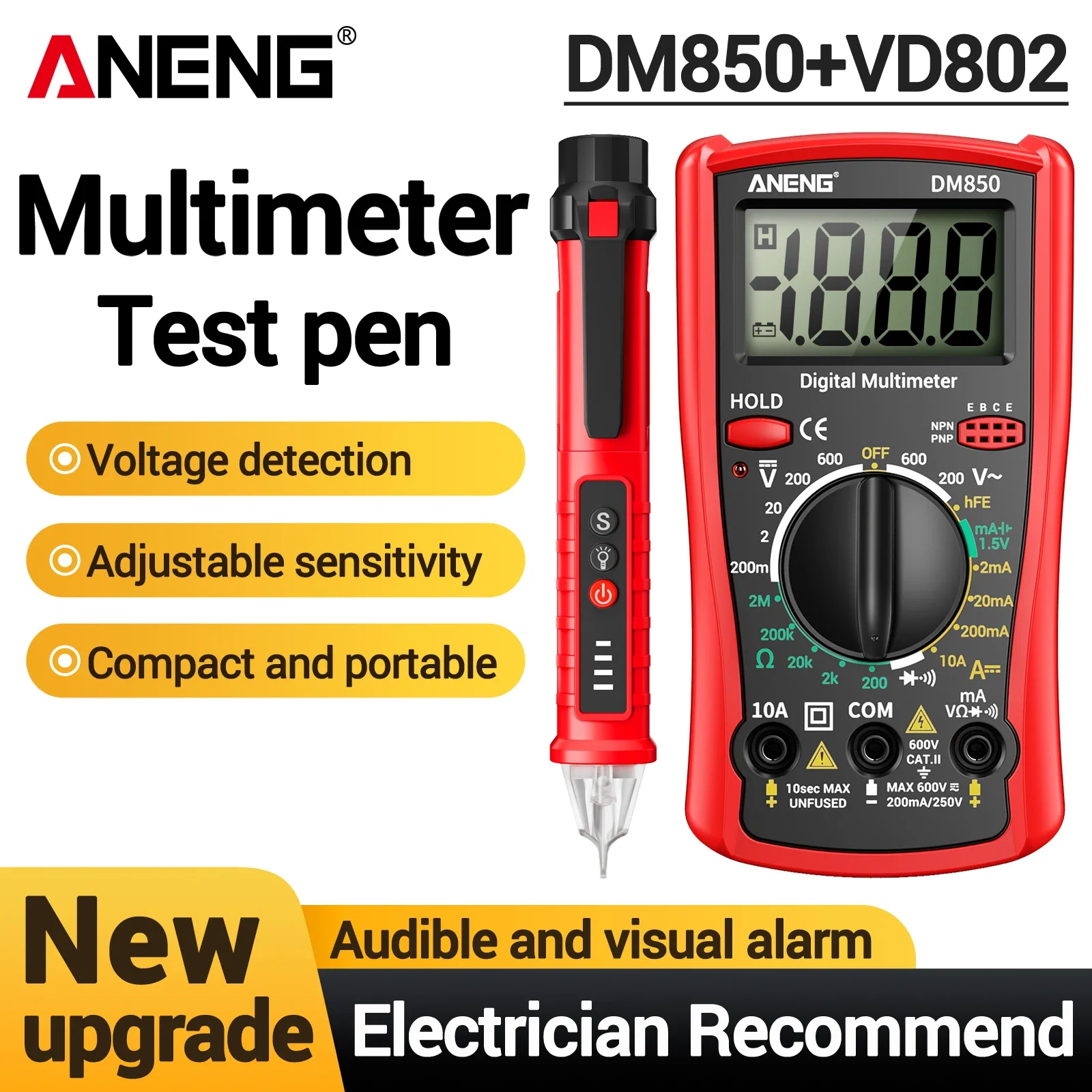 Фото Мультиметр ANENG DM850 + тестер напряжения VD802 NCV, набор инструментов для электрика, измеритель переменного/постоянного тока, сопротивления, диодов и обрыва цепи. №1
