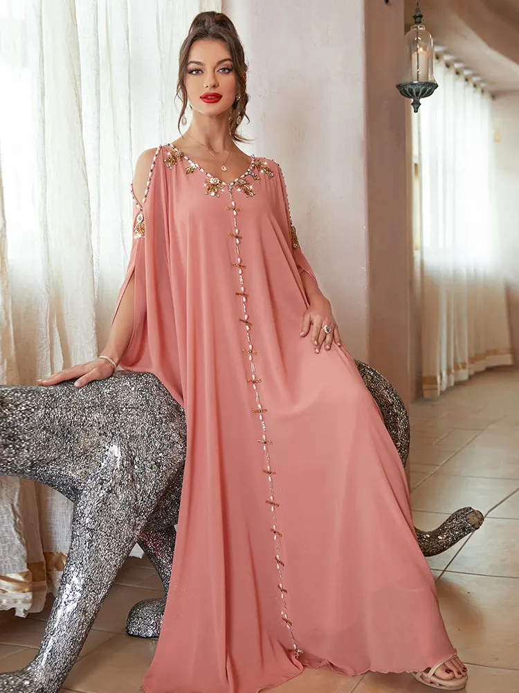Вечерние платья с бисером для вечеринки, женское шифоновое платье с подкладкой, цветочный кафтан, мусульманский свадебный наряд Дубай, Сауд...