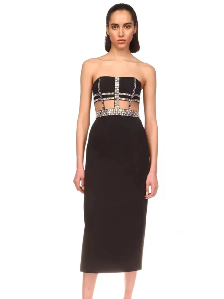 

2023 New Designer Fashion Trendyol Women Black Crystal Cut Out Bandage Dress Midi Calf High Street Evening Club Party Gowns