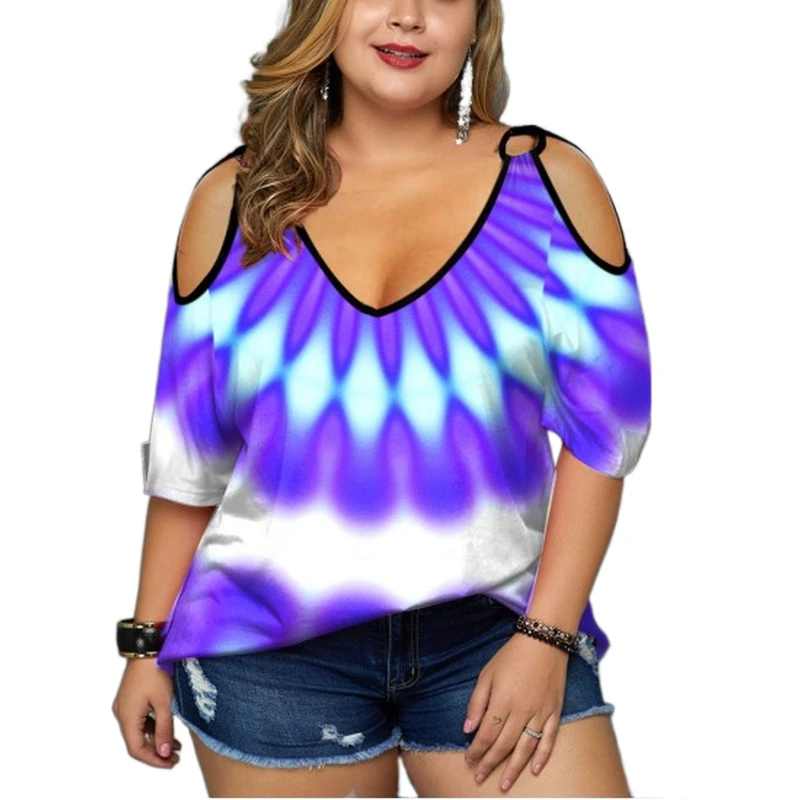 Plus Size Tie Dye Print Cold Shoulder T Shirt Sexy Off Shuolder Slit Sleeve Peplum Top Loose Casual Streetwear 5XL Tunic Tops
