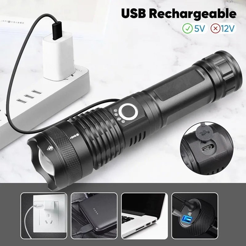 Flashlight Tactical Zoom Flashlights Aluminum Alloy XHP50 LED Waterproof Torch Use 18650 26650 Battery |