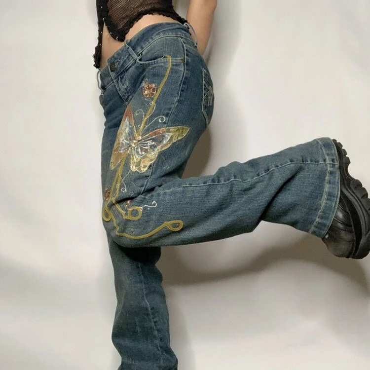 

Джинсы Y2K в стиле ретро с принтом бабочки, винтажные брюки-карго с низкой талией, модные штаны с карманами в стиле Харадзюку