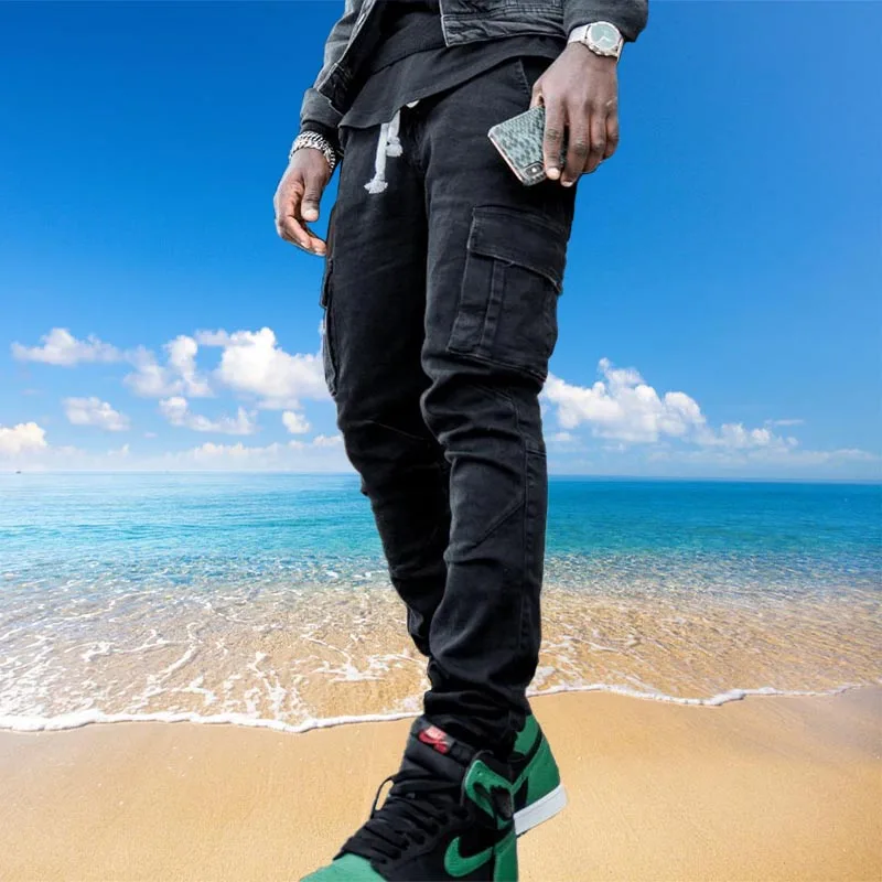 Jeans Men Fashion Multi-Pocket Cargo Pants Blue High Street Slim Pencil Pants Hight Quality Black Streetwear Jeans For Men