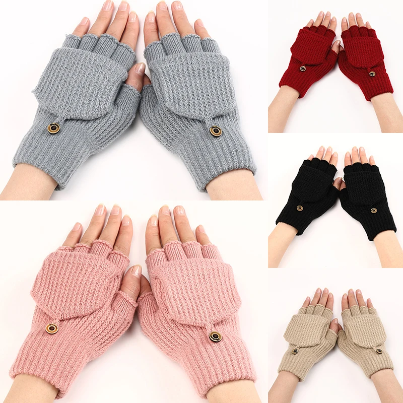 

Wool Knitted Fingerless Flip Gloves Winter Warm Flexible Touchscreen Gloves for Men Women Unisex Exposed Finger Mittens Glove