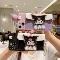 sanrio kuromi 3d quicksand stand coin purse phone case for iphone 11 12 13 14 pro max x xs xr 7 8 y2k girl anti drop soft cover