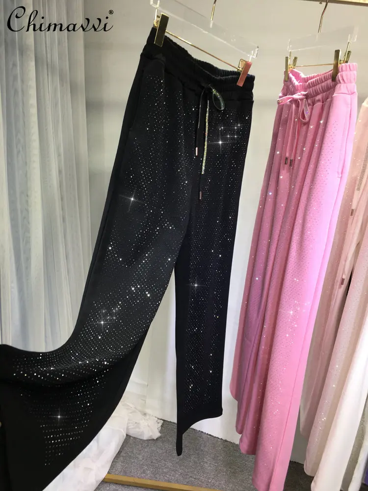 European Heavy Hot Drilling Pants Women's Show Slim-fit Black Oversized High Waist Wide Leg Pants Draped Summer Long Pants