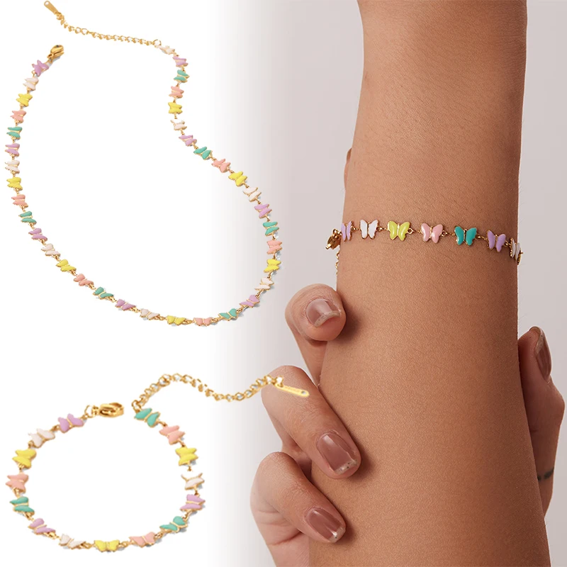 

Dropping Oil Colorful Enamel Butterfly Bracelet Necklace Stainless Steel Charm Bangles for Women Boho Chain Fashion Jewelry