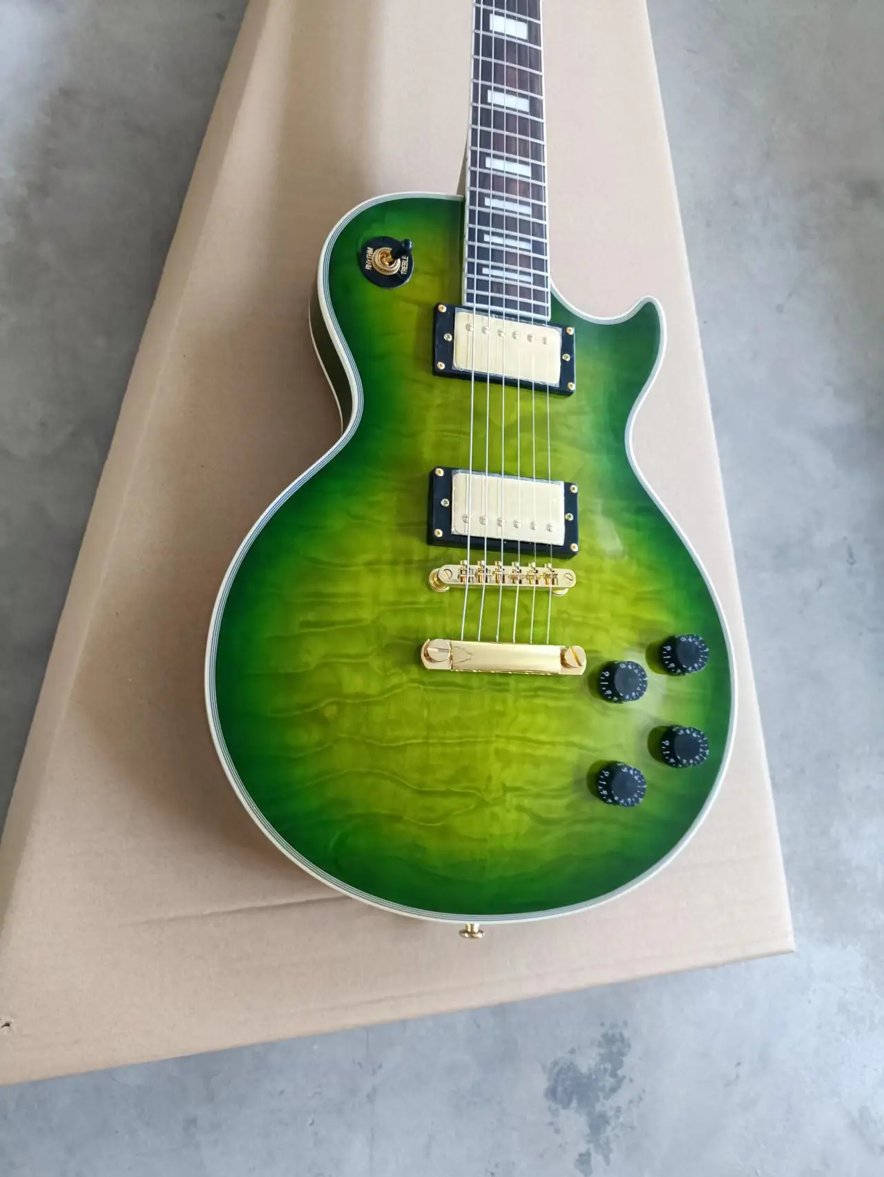 Обновленная пользовательский магазин lp электрическая гитара Green Burst Qulit Maple Top Chrome