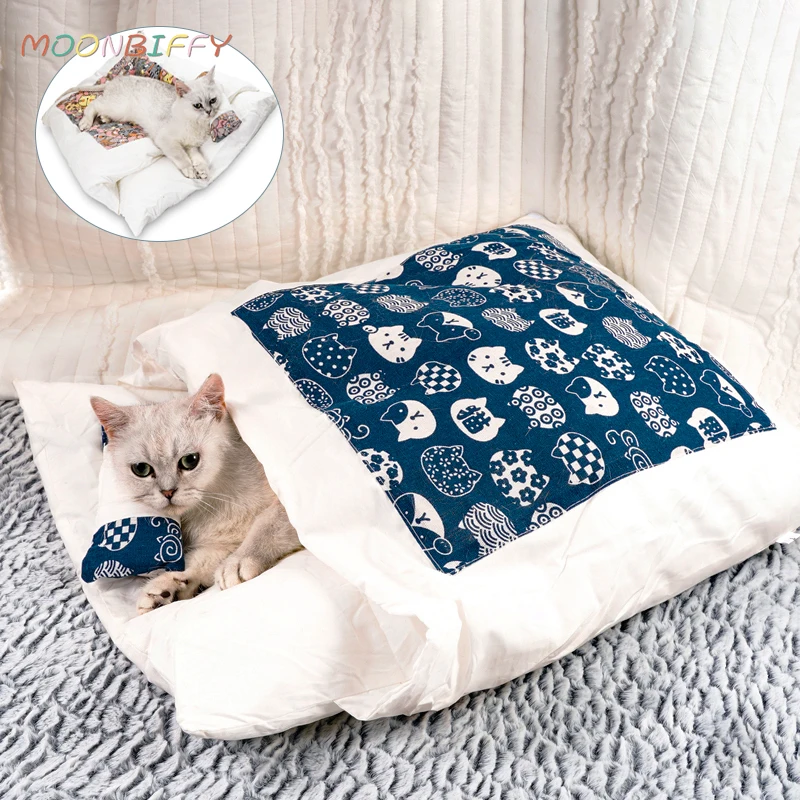 اليابانية سرير للقطط القط كيس النوم الدافئة النوم العميق كهف الشتاء للإزالة الحيوانات الأليفة السرير للقطط الكلاب عش وسادة مع وسادة