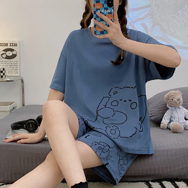 Big Size Pajamas Set for Women Summer Short-sleeved Shorts Two Piece Sleepwear Summer Plus Size Loungewear Cotton Nightwear New