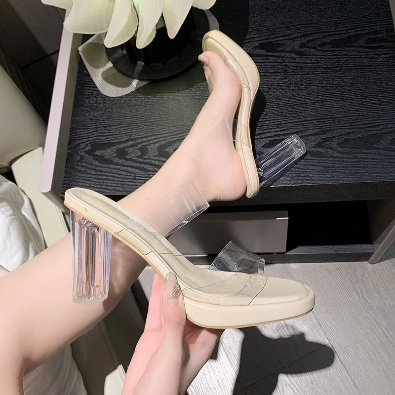 

Transparent Sandals Women High-heeled Shoes Summer New Thick-heeled Waterproof Thick-soled Word with Crystal Heel Cool