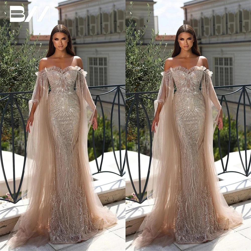 

Off Shoulder Lace Evening Dress Custom Made Long Sleeves Party Gown Stylish Champagne Mermaid Prom Dresses