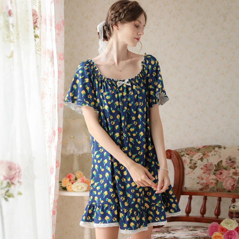 Palace Nightgown Women Summer Short Sleeves Cute Sweet Princess Style Sexy Short Skirt Cotton Pajamas New Floral Home Clothes