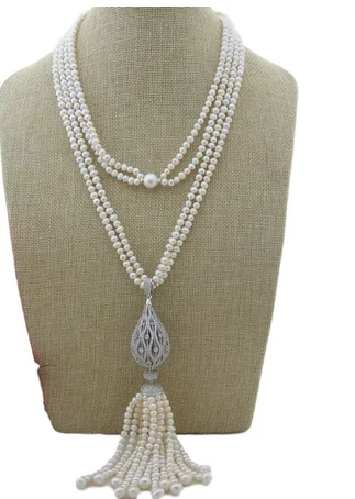 Freshwater Cultured White Round Pearl Long Necklace Cubic Zirconia Pave Pendant 41